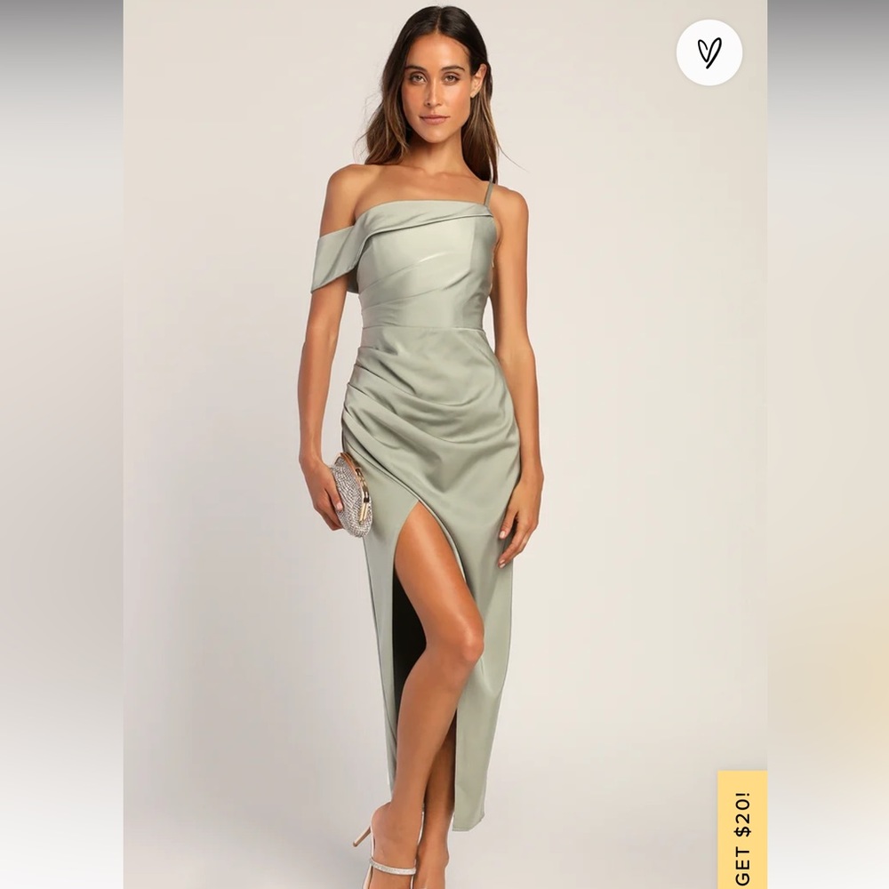 Lulus “Showing Off a Little” Sage Green Asymmetrical Tulip Midi Dress